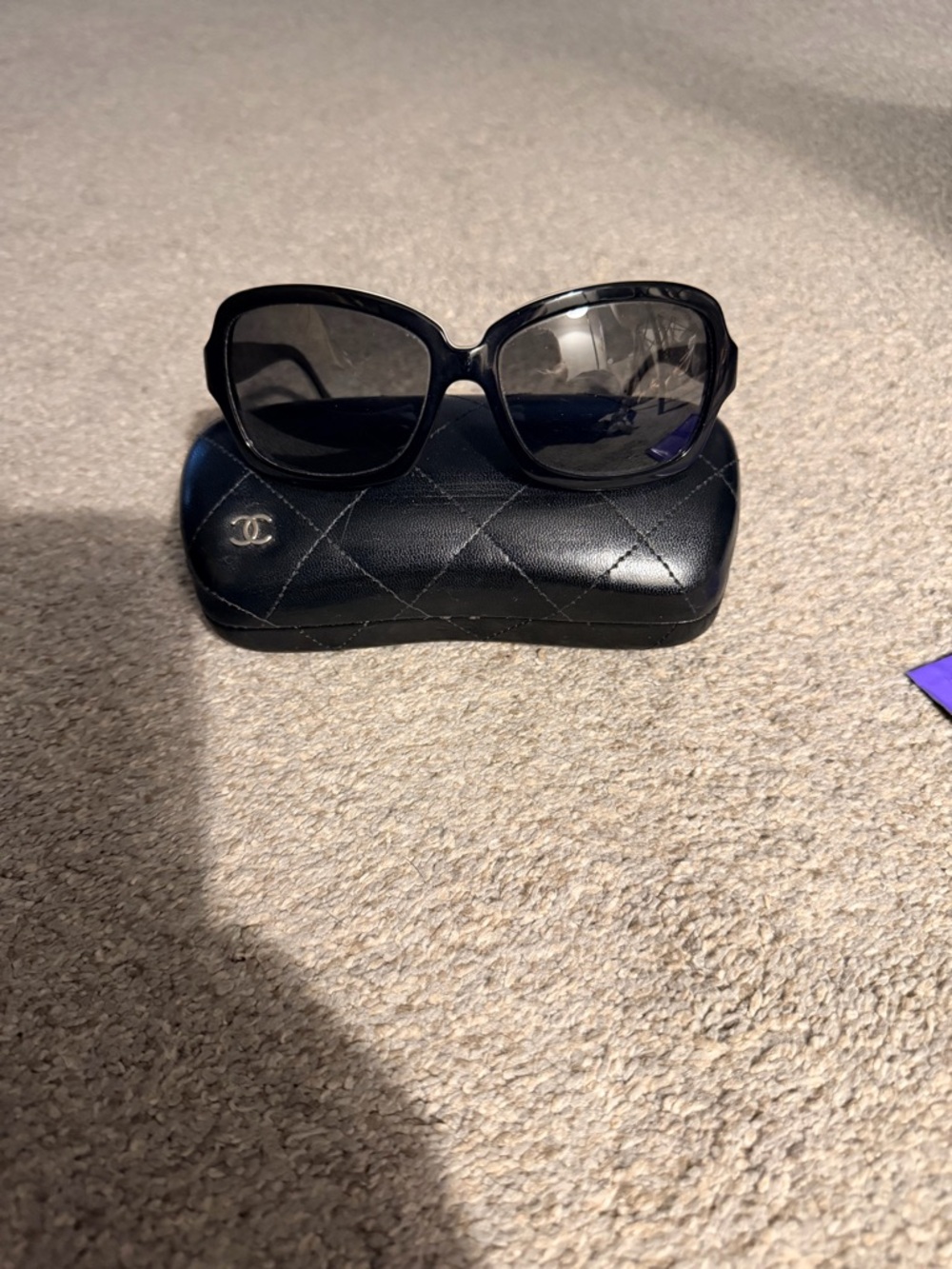 CHANEL Black Oversized Square Sunglasses with Quilted Logo Case